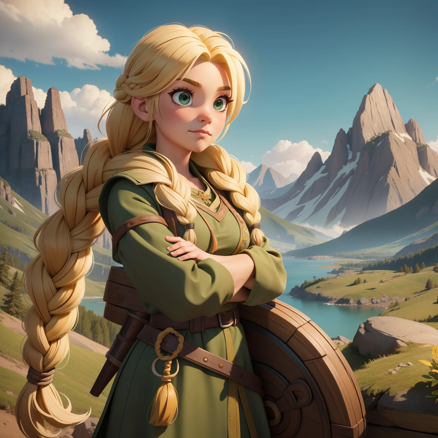 Viking girl, game title, worker, warrior,light yellow hairs,big braid, brown,green cloth,mountain landscape.