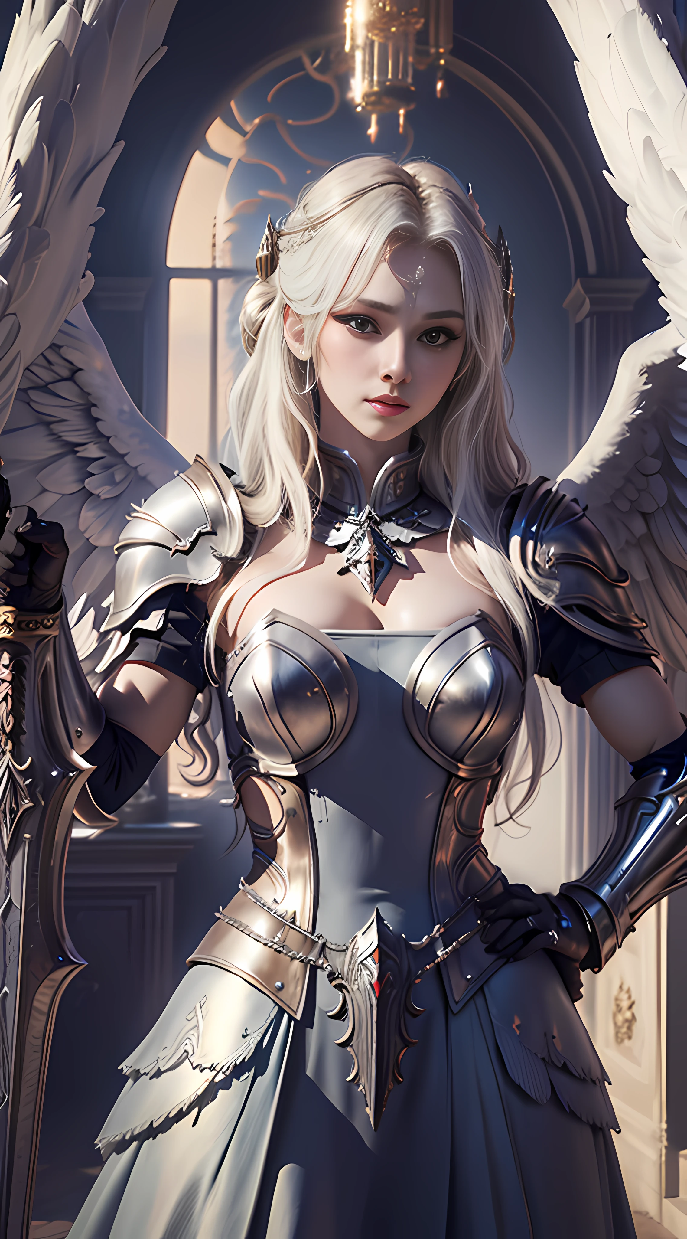 ((Best quality)), ((Masterpiece)), (Detailed),1girll,Solo,full bodyesbian , Valkyrie,angel,Valkyrie armor,Angel wings,winged helmet, woman,gaodanvshen, [sword:Fire:0.3] and [a shield:Ice:0.3],Sword and shield