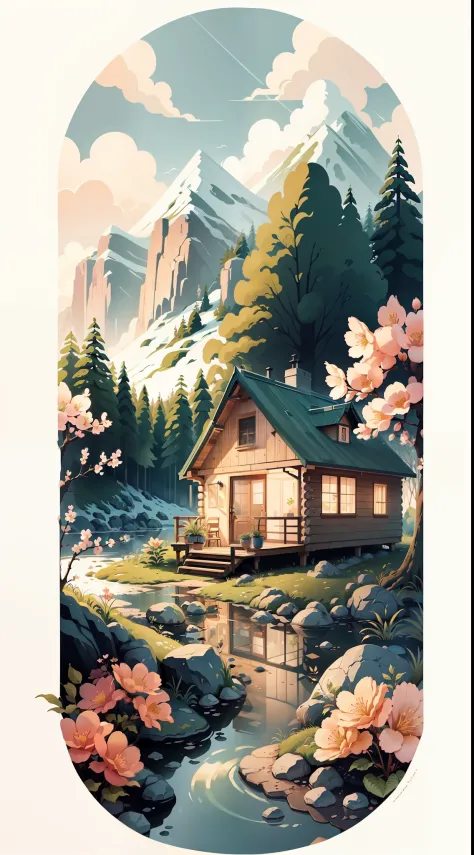 Spring in!Peach blossoms bloom，arcadia，wooden cabin，small stream，Mobile wallpaper illustration,Nature views, Minimalist illustration, Line illustration, Colorful