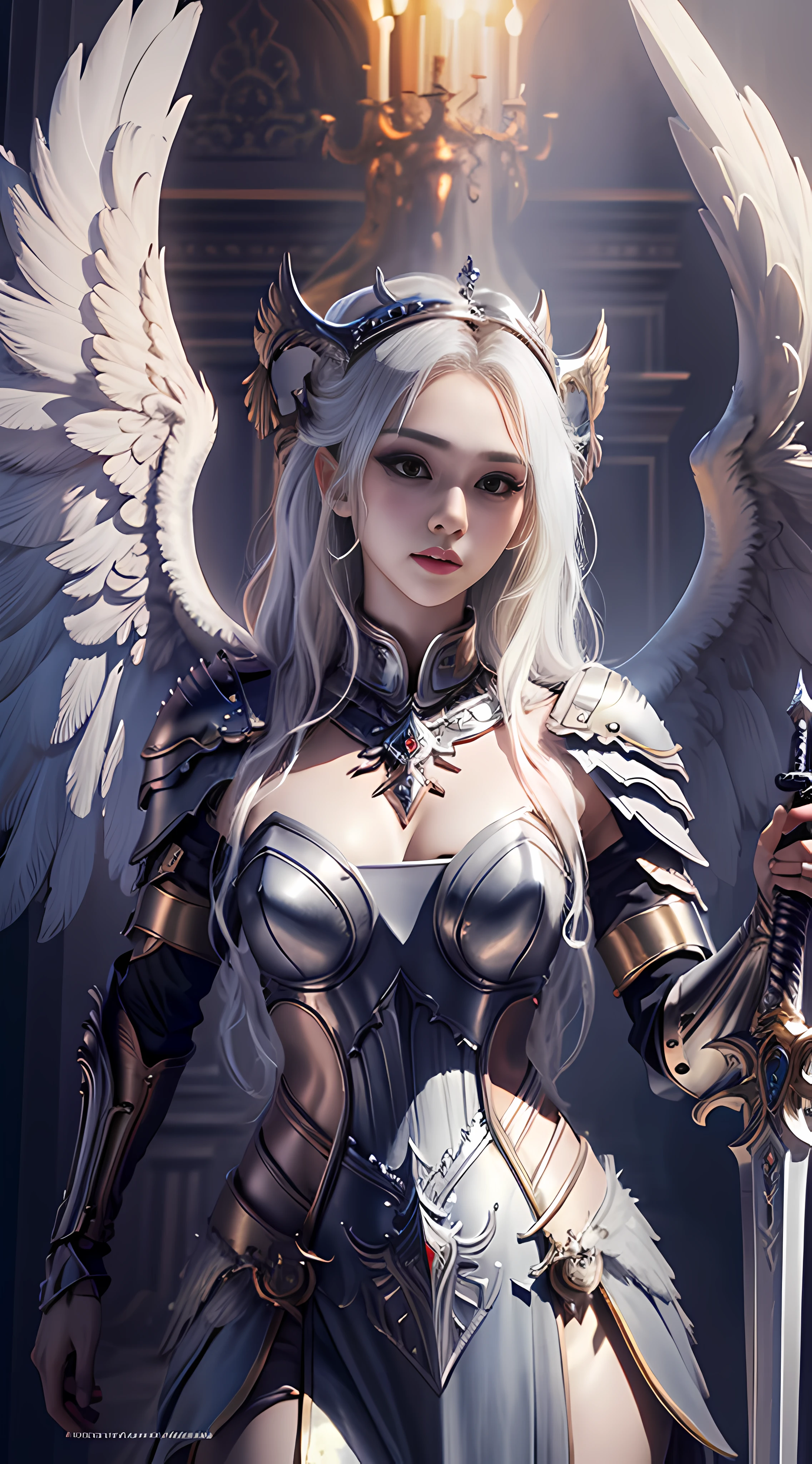 ((Best quality)), ((Masterpiece)), (Detailed),1girll,Solo,full bodyesbian , Valkyrie,angel,Valkyrie armor,Angel wings,winged helmet, woman,gaodanvshen, [sword:Fire:0.3] and [a shield:Ice:0.3],Sword and shield