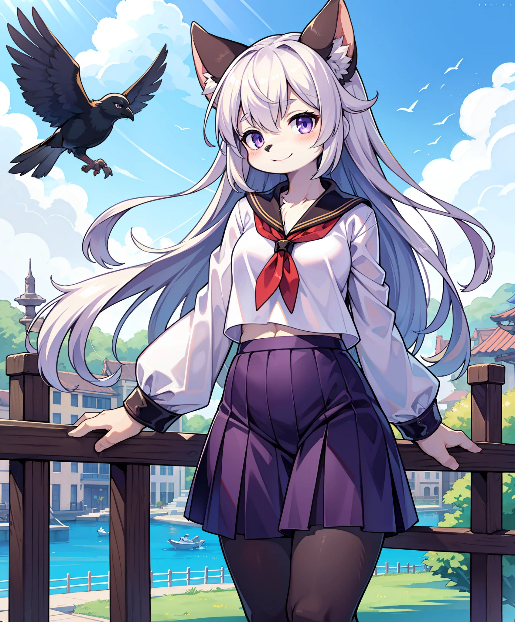 (Hairy woman:1.2), (Furry:1.2), (bodyfur:1.16), anthro, Tail, 1girll, Animal_On_arm, bangs, Bird, Bird_On_arm, Cloud, crow, day, eye_contact, Floating_Hair, shairband, Quan Yun, Quan Yun_2, Kitagawa_Mai, Light_Smile, Long_Hair, Long_Sleeves, Looking_at_another, neckerchief, Official_art, Outdoors, purple_Eyes, scan, scan_Artifacts, school_uniform, serafuku, shirt, Silver_Hair, sky, sleeve_arms  cuffs, Smile, Solo, Very_Long_Hair, White_shirt, Yamamoto_and Jiang, Asia-Pacific lang_(Quan Yun)