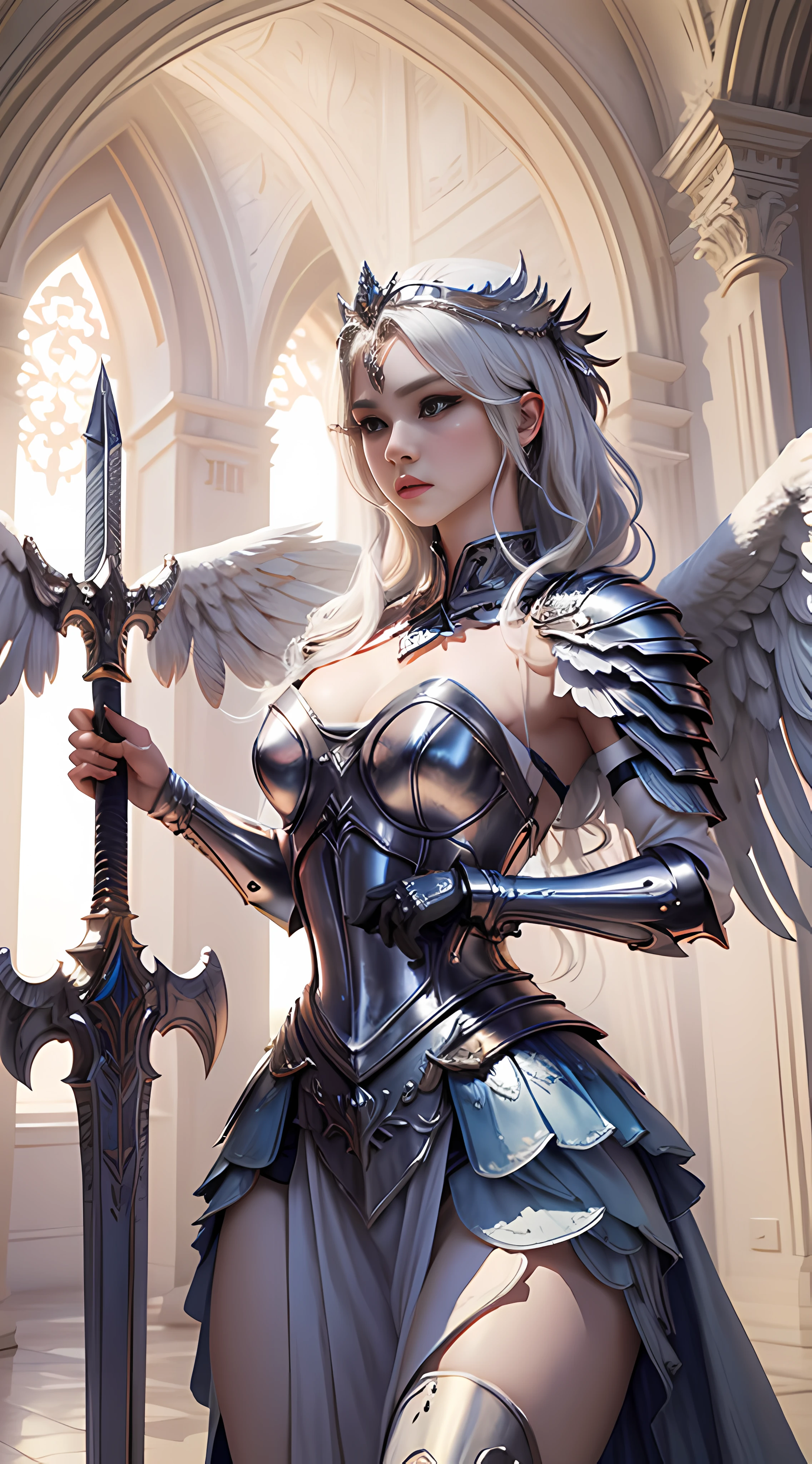 ((Best quality)), ((Masterpiece)), (Detailed),1girll,Solo,full bodyesbian , Valkyrie,angel,Valkyrie armor,Angel wings,winged helmet, woman,gaodanvshen, [sword:Fire:0.3] and [a shield:Ice:0.3],Sword and shield