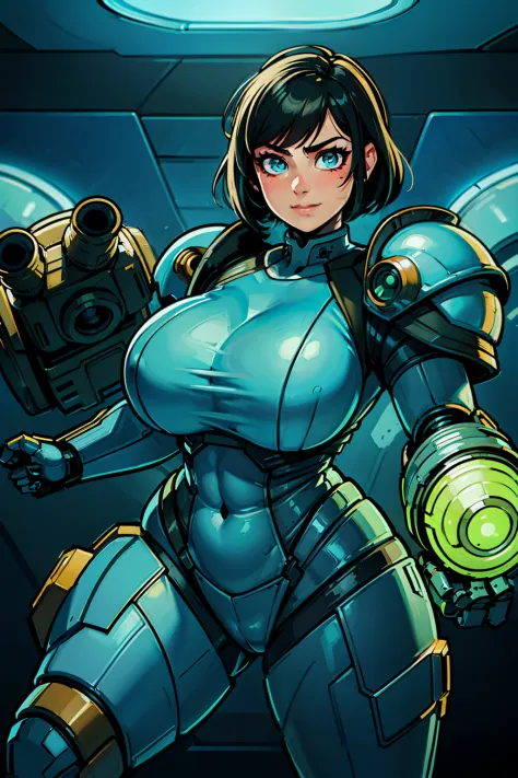 heroic woman wielding large pistol, handgun, pistol, gun, plasma pistol, sexy, professional artwork, detailed eyes, beautiful eyes, beautiful face, flawless face, gorgeous face, smooth features, large breasts, blush, thick thighs, beautifully detailed back...