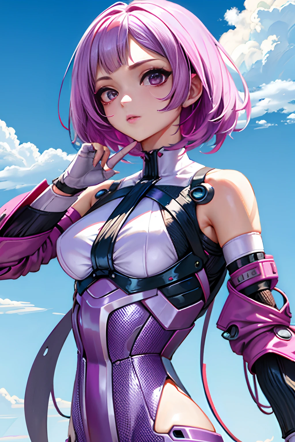 short detailed hair、Pale purple hair、Pink white eyes、shift dresses、black glove、face markings、（Robotic arm）、cyber punk perssonage、Red face painting、Android、gally、1girll、grand master、high high quality、Best quality at best、Good body、Good hands and fingers、offcial art、（Perfect face and eyes）、（perfect hand）、（Nice face）、（pretty hand）、（独奏）、（城市）、a person、scientific fiction、squatt、looking at viewert。