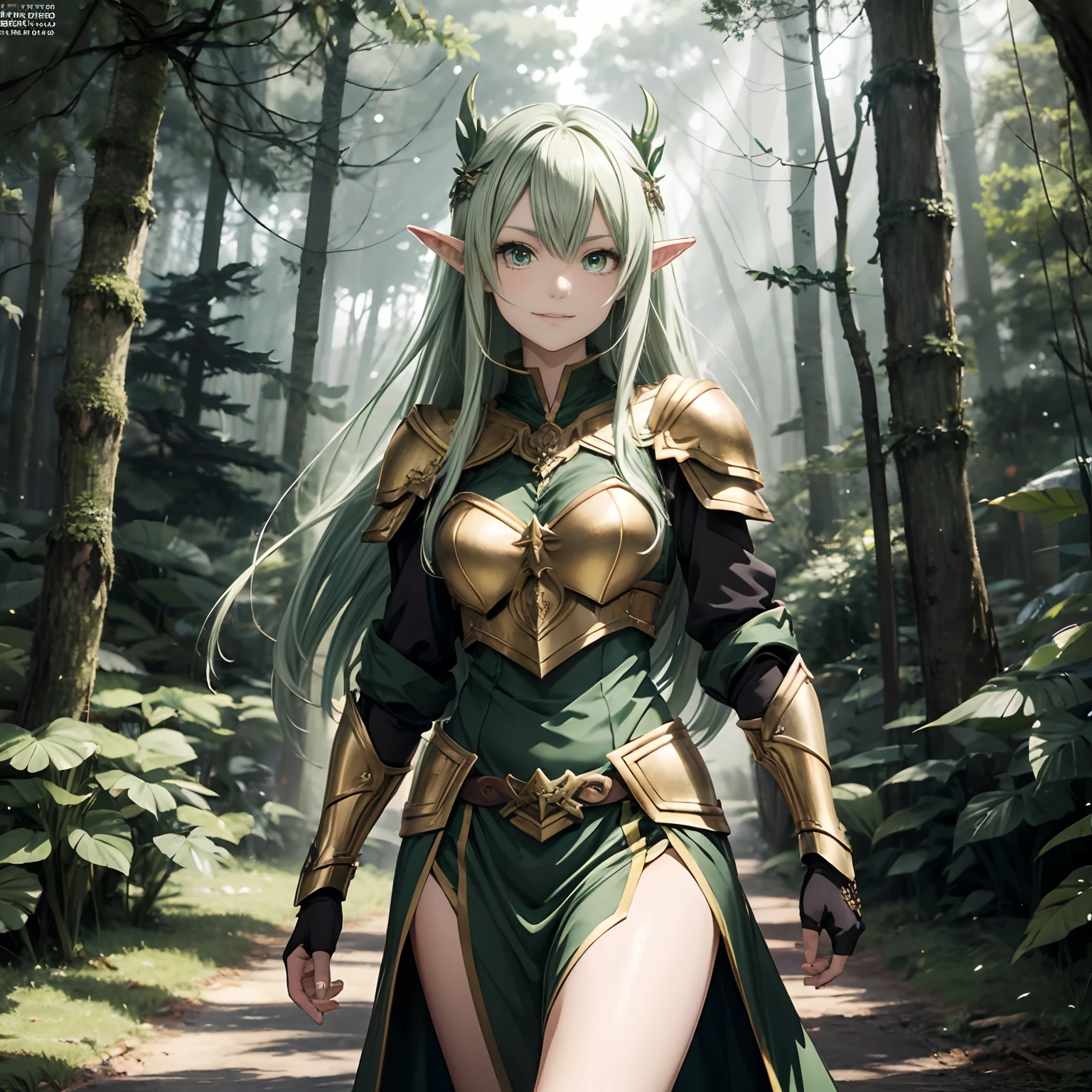 Style animé, fille elfe, (yeux verts), se promener dans une forêt, forêt Noire, (armure sur les épaules), 8k, (dessus de la table), Haute qualité, Haute définition, (((belle main))),sourire