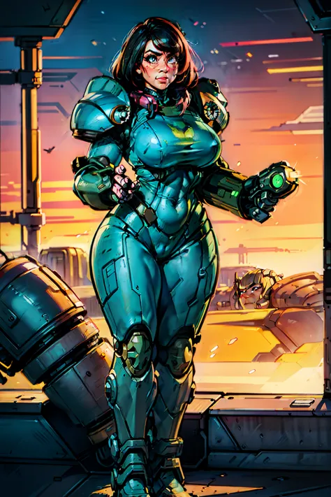 heroic woman wielding large pistol, handgun, pistol, gun, sexy, professional artwork, detailed eyes, beautiful eyes, beautiful face, flawless face, gorgeous face, smooth features, large breasts, blush, thick thighs, beautifully detailed background, chubby,...