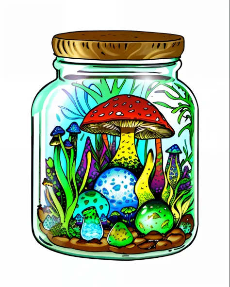 Close-up of a frog with mushrooms in the jar, graphic of enchanted terrarium, dreamscape in a jar, head in a jar, psychedelic fr...