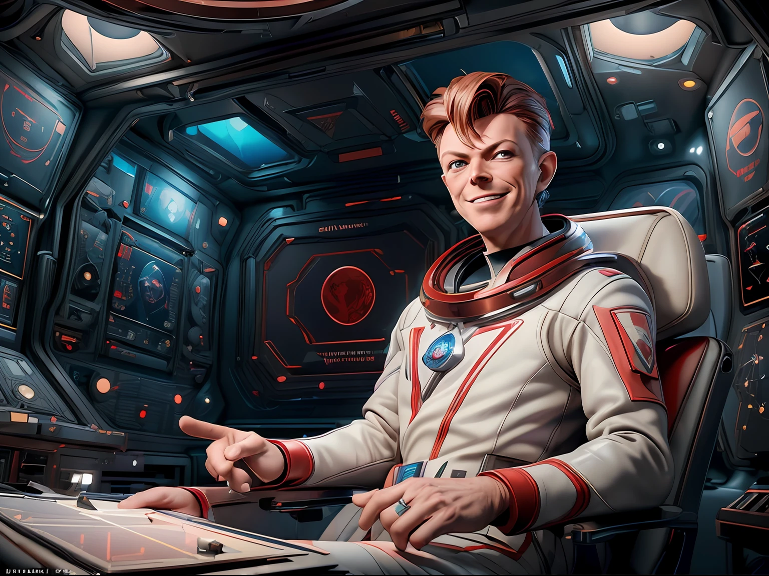 (masterpiece, best quality, illustration, unreal engine 5, official art:1.3), Rich Red color scheme, Don Lawrence hyper realistic picture of (David Bowie) as smiling Major Tom, a technocratic, omnivorous, iridescent, astronaut commander, (sitting in a starbase control room:1.2),detailed face, detailed hair, insanely intricate detail, absurdres, 8k