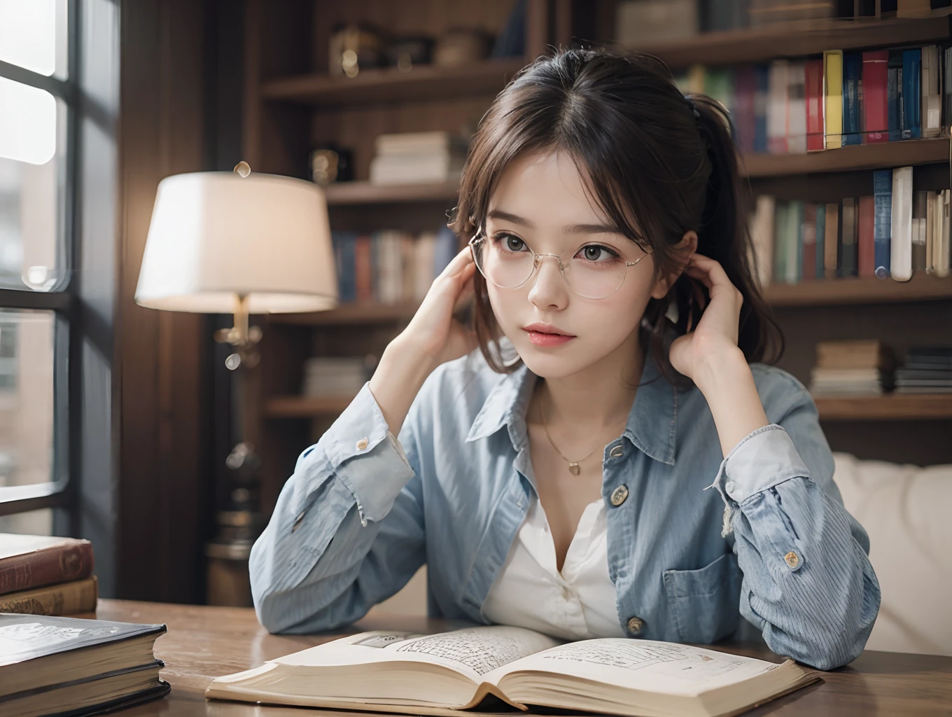 20 yo woman， brunette color hair， Short ponytail， thin frame glasses， Thinking face， （Wear an open button shirt， mediuml breasts）， Sat down， Learn， BREAK BREAK BREAK， lying on the table， Take a pencil， opened book， book， glass of milk， table light， BREAK BREAK BREAK， in living room， Wall decoration， Mini library， glass window， wall clock， BREAK BREAK BREAK， cinematric light， realisticlying， tmasterpiece， Best quality at best， Complex CG，Highly detailed face，High detail eyes，Better health，Photo style