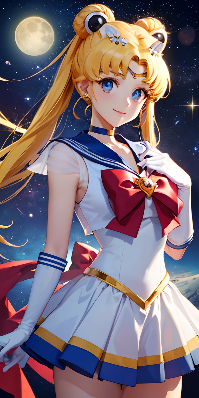 tmasterpiece，best qualtiy，A high resolution，themoon，1girll，solo，Sailor Senshi Uniform，the sailor moon，Tsukino Usaki，The blonde，magical ，eBlue eyes，white  panties，Red scarf，elbowgloves，head gear，blue skirts，pleatedskirt，，choker necklace，whitegloves，jewely，耳Nipple Ring，ssmile，the space background(excellent detail，Outstanding lighting，wide angles)