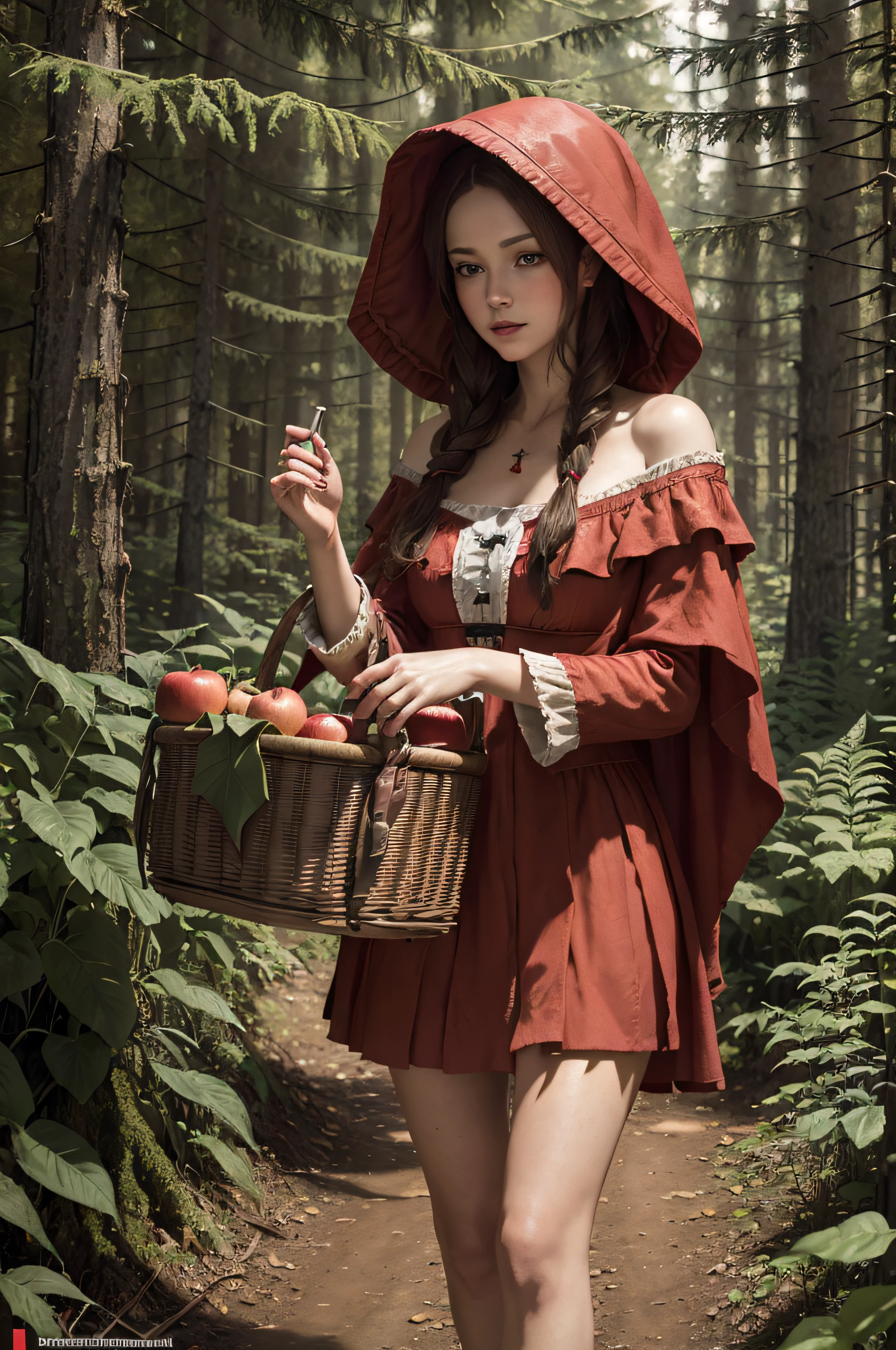 Little Red Riding Hood goes with the basket in the forest (skindentation:1.5), illustration, (masterpiece:1.5), concept art, intricate details, highly detailed, photorealistic, octane render, 64k, unreal engine, Apple in hand, 40k, photography, masterpiece, best quality,