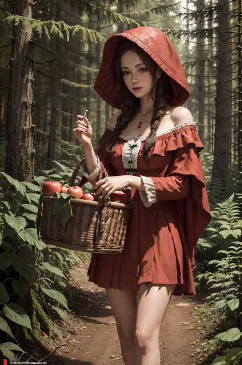 Little Red Riding Hood goes with the basket in the forest (skindentation:1.5), illustration, (masterpiece:1.5), concept art, int...