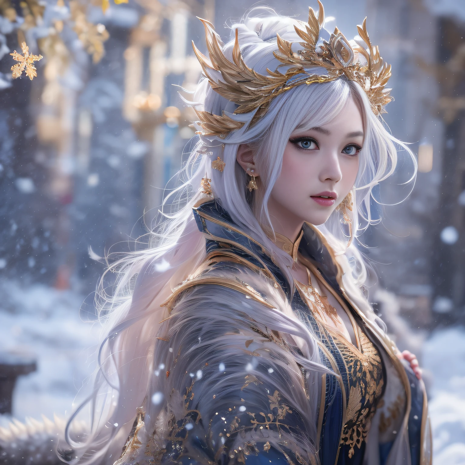 16k（tmasterpiece，k hd，hyper HD，16k）short detailed hair，Backroom winter，Snow Girl，squating，Dragon Protector （realisticlying：1.4），Python robe，Purple-pink tiara，Snowflakes fluttering，The background is pure， A high resolution， the detail， RAW photogr， Sharp Re， Nikon D850 Film Stock Photo by Jefferies Lee 4 Kodak Portra 400 Camera F1.6 shots, Rich colors, ultra-realistic vivid textures, Dramatic lighting, Unreal Engine Art Station Trend, cinestir 800，