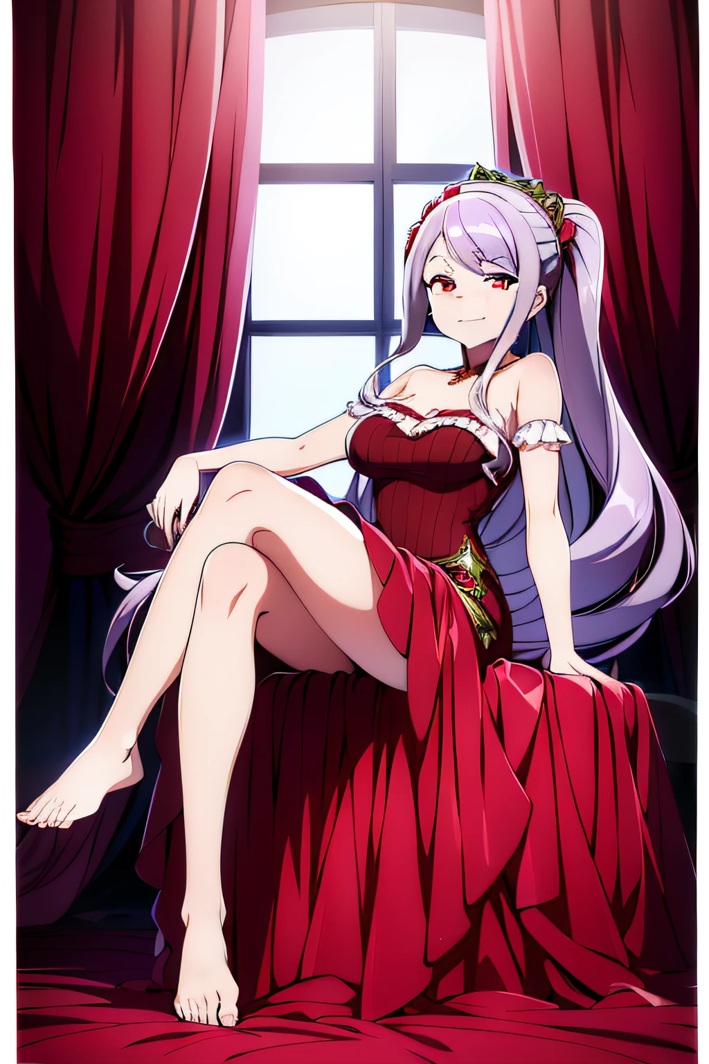 (((Best quality))), ((Ultra-detailed)), ((illustration)), ((Disheveled hair)), ((frilld)), (1 girl), (Solo),Red_dress,long_dress,Bare_Feet,Feet,Sitting,Crossed_Legs,Rating:safe,