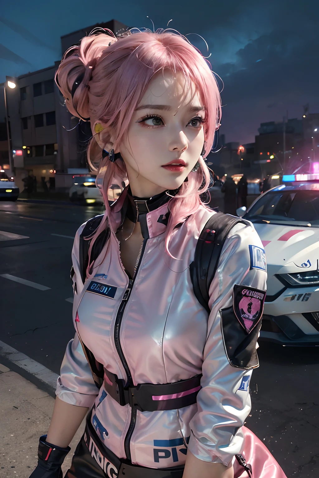 Top Quality, Ultra High Definition, (backlight), (Photorealistic: 1.4), (Pink updo Hair: 1.3), 1 Girl, (Kpop Idol), Detailed Face, Contrapposto, Smooth Skin, Perfect Anatomy, Cityscape, Professional Lighting, ((wearing Futuristic Racing Suits like Police uniform, police wappen, High-tech Headset, military harness, racing gloves, machinegun)), ("POLICE", pink hair,), (background, (Audience Coming close), crashed cars, fire, (Explosion),