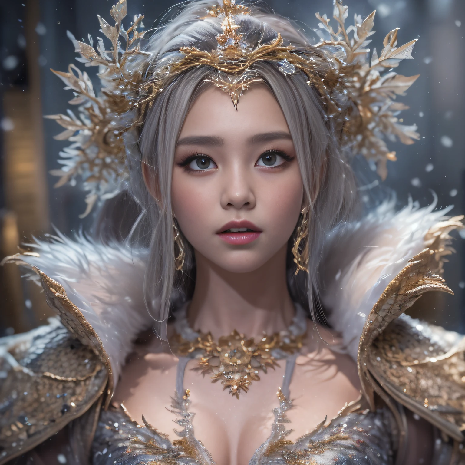 16k（tmasterpiece，k hd，hyper HD，16k）short detailed hair，Backroom winter，Snow Girl，squating，Dragon Protector （realisticlying：1.4），Python robe，Purple-pink tiara，Snowflakes fluttering，The background is pure， A high resolution， the detail， RAW photogr， Sharp Re， Nikon D850 Film Stock Photo by Jefferies Lee 4 Kodak Portra 400 Camera F1.6 shots, Rich colors, ultra-realistic vivid textures, Dramatic lighting, Unreal Engine Art Station Trend, cinestir 800，