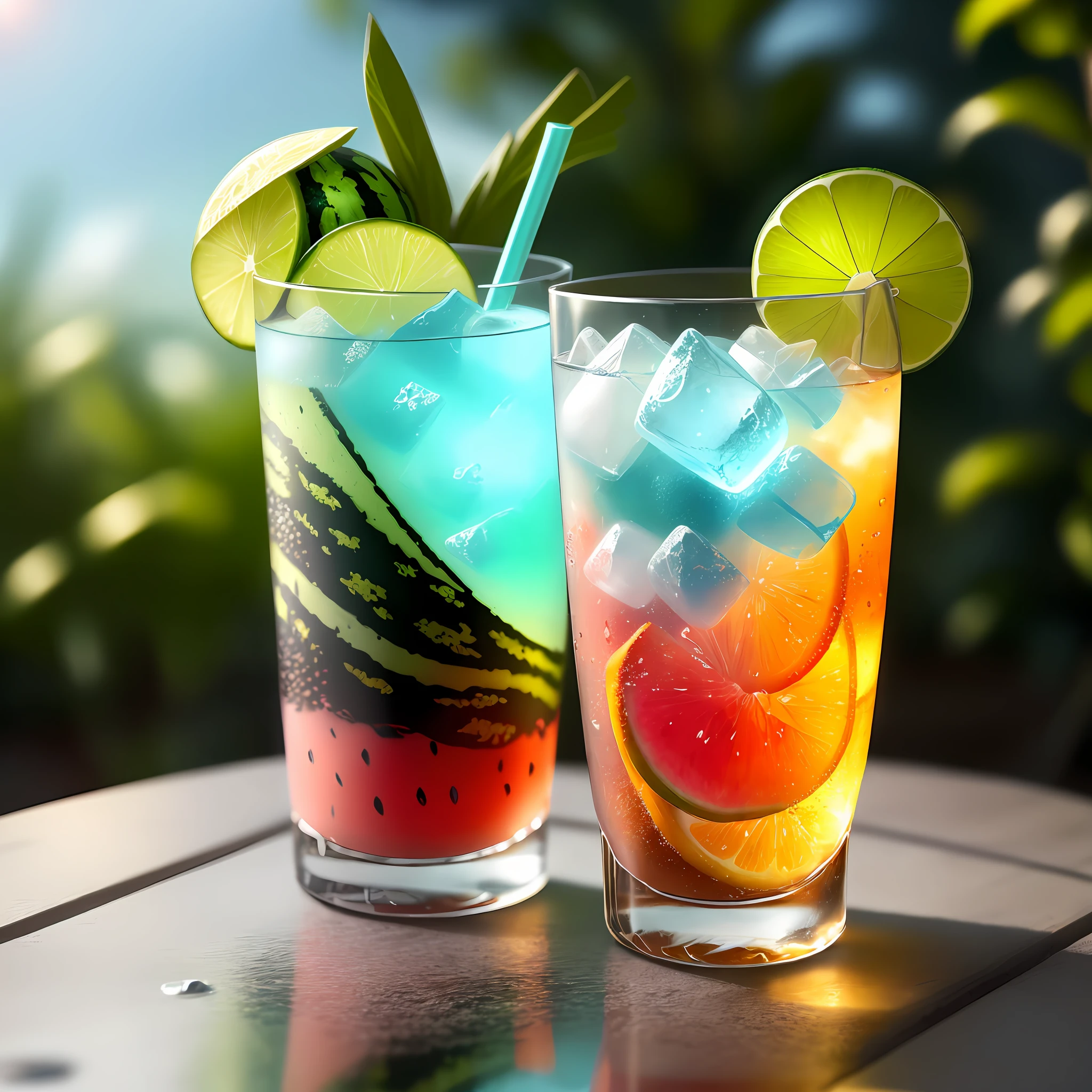 Wallpapers, Drinks, Ice Cubes, Watermelon, Tropical Plants, Hot Weather, HD Detail, Moist Watermark, Ultra Detail, Movie, Hyper Realism, Soft Light, Deep Focus Bokeh, Ray Tracing, Diffuse (Ultrafine Glass Reflection) and surrealism.