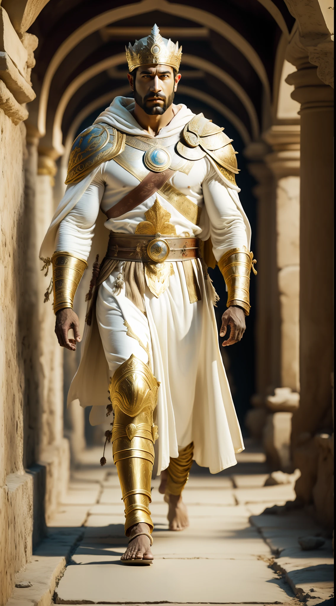 arafed man in a white robe and gold dress walking down a hallway, ancient kings in white robes, still from a fantasy movie, 8 k movie still, film still from god of war, biblical epic movie, movie still 8 k, greek god, greek mythology characters