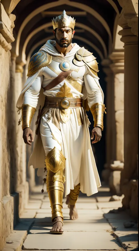 arafed man in a white robe and gold dress walking down a hallway, ancient kings in white robes, still from a fantasy movie, 8 k ...