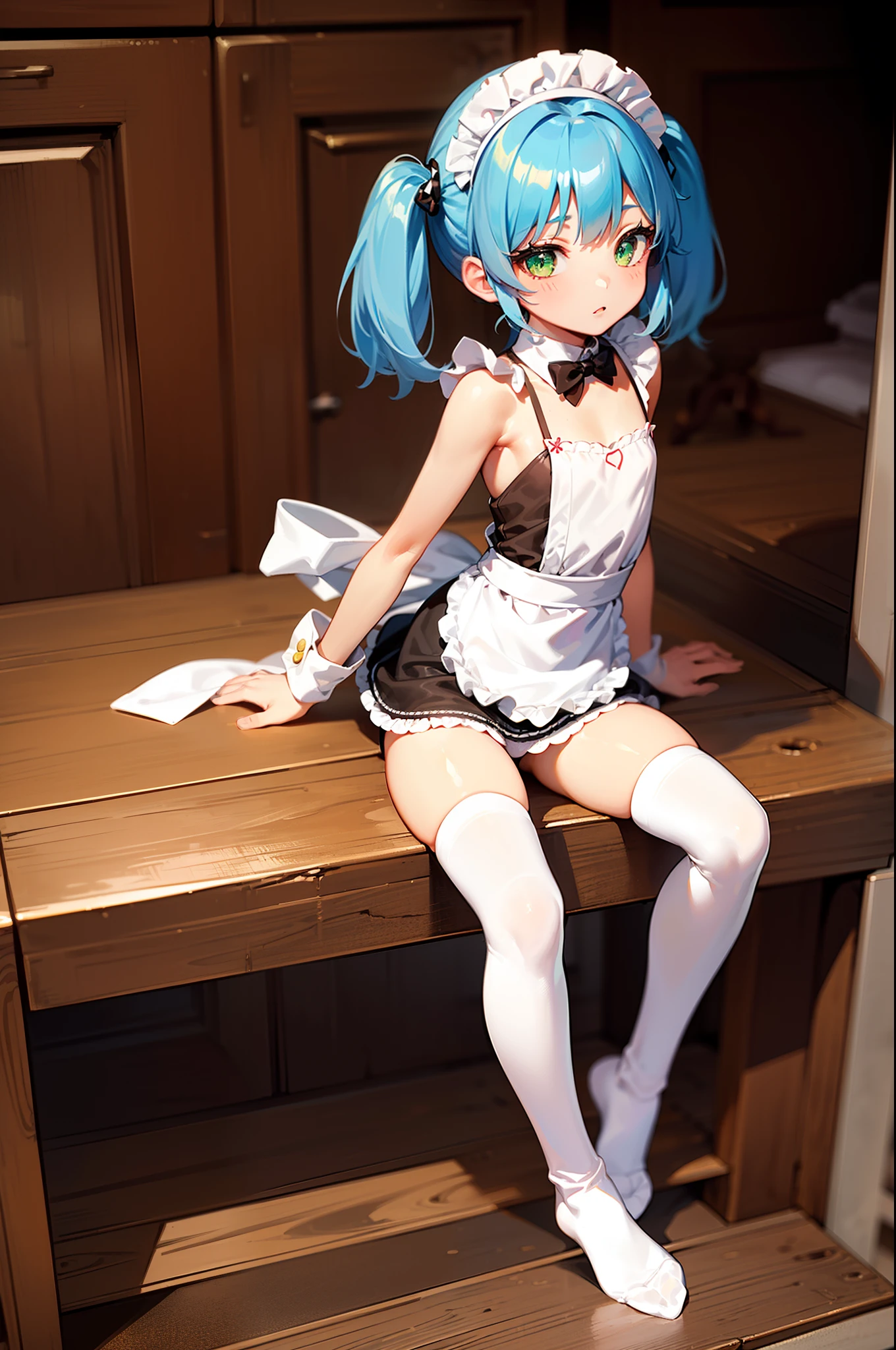 1 girl, solo, (colored hair:1.3), short hair, (side up twin tail:1.3), (beautiful green eyes:1.2), (flat chest:1.1), (small body:1.4) waiza, sitting, arms behind, indoors (maid outfit, maid cosplay:1.3), thighhighs, (Brown knee high socks, long socks:1.2), high socks