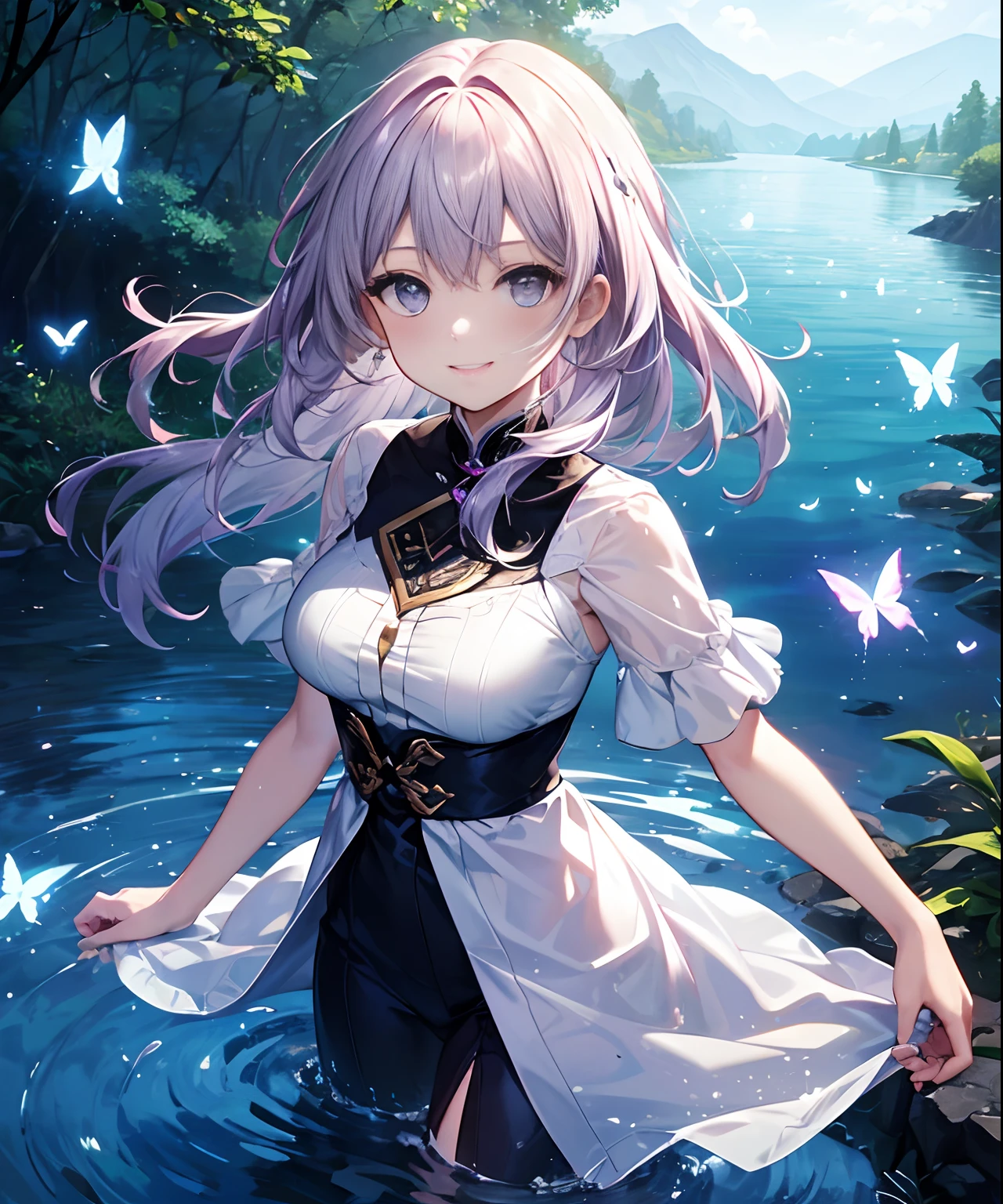 (​masterpiece、top-quality)、frontage、独奏、1girl in、A smile、The long-haired、Light purple hair、Hair is disheveled、Adult、Mystical、strong breeze、Butterflies flutter by、In nature、lake、Light shines in、ripples、