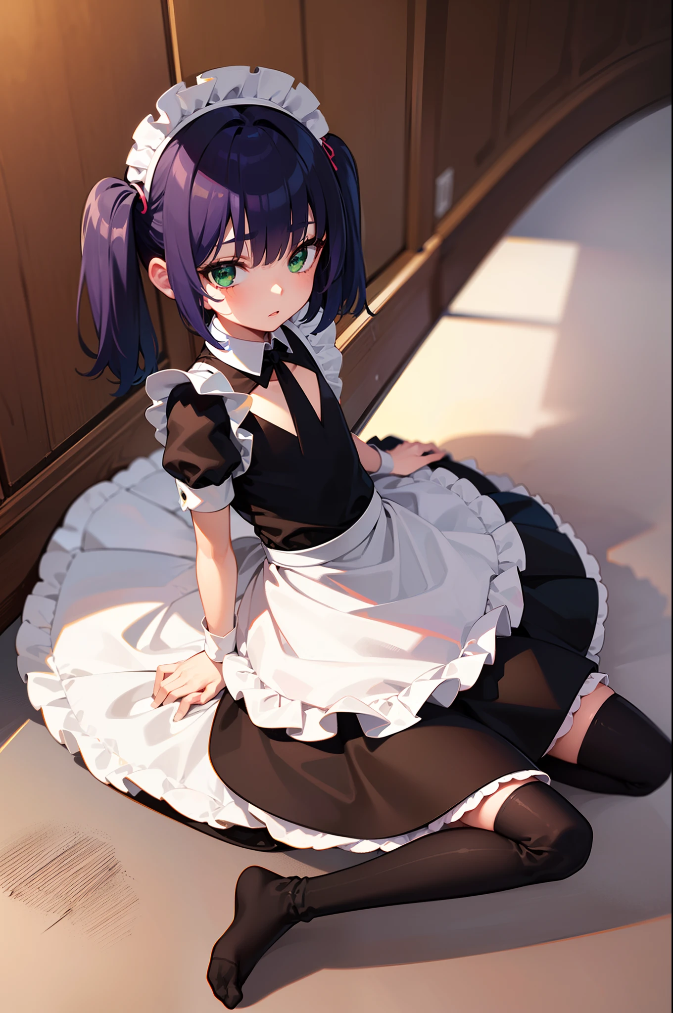 1 girl, solo, (colored hair:1.3), short hair, (side up twin tail:1.3), (beautiful green eyes:1.2), (flat chest:1.1), (small body:1.4) waiza, sitting, arms behind, indoors (maid outfit, maid cosplay:1.3), thighhighs, (Brown knee high socks, long socks:1.2), high socks