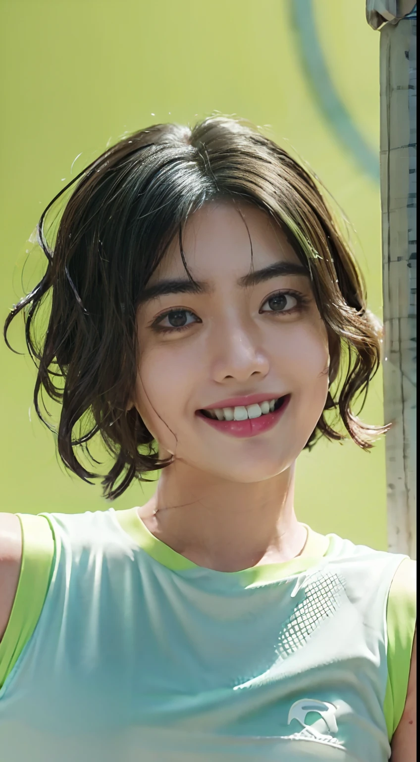 Shooting boyish short hair、(((Colossal :1.5、Fluorescent green full sportswear、sports gym、Power Rack、full body )))、A smile、small head、short wavy hair、small head、pale pink lip、Smiling smile、A sexy