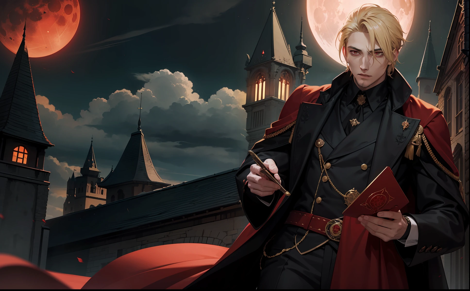 A 29-year-old man, a vampire king with blonde hair and red eyes, he wears a brown robe and black outfit with red. (Senarius a bloody moon night in a royal castle)