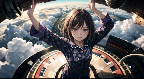 Expansive landscape photograph，（look from down，Above is the sky，Below are open fields），（Beautiful girl flying in the clouds：3)，（...