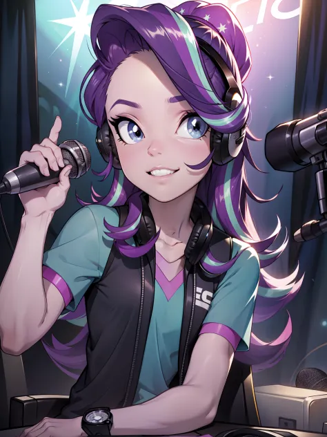 Starlight Glimmer, radio studio, equstrial girls, long hair, Luxurious hairstyle, looking at the front, headphone, speaking to m...