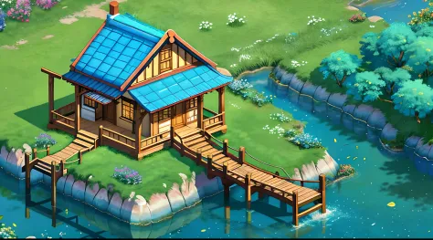 hyper HD，super detailing，super detailing，high detal，best qualtiy，blue-sky，Small cottage，Nouam，（buliding：1.2），（The tree：1.2），（florals：1.2），（grassy fields：1.2），wood bridges，bushes，pools of water，Extremely colorful，with dynamism、