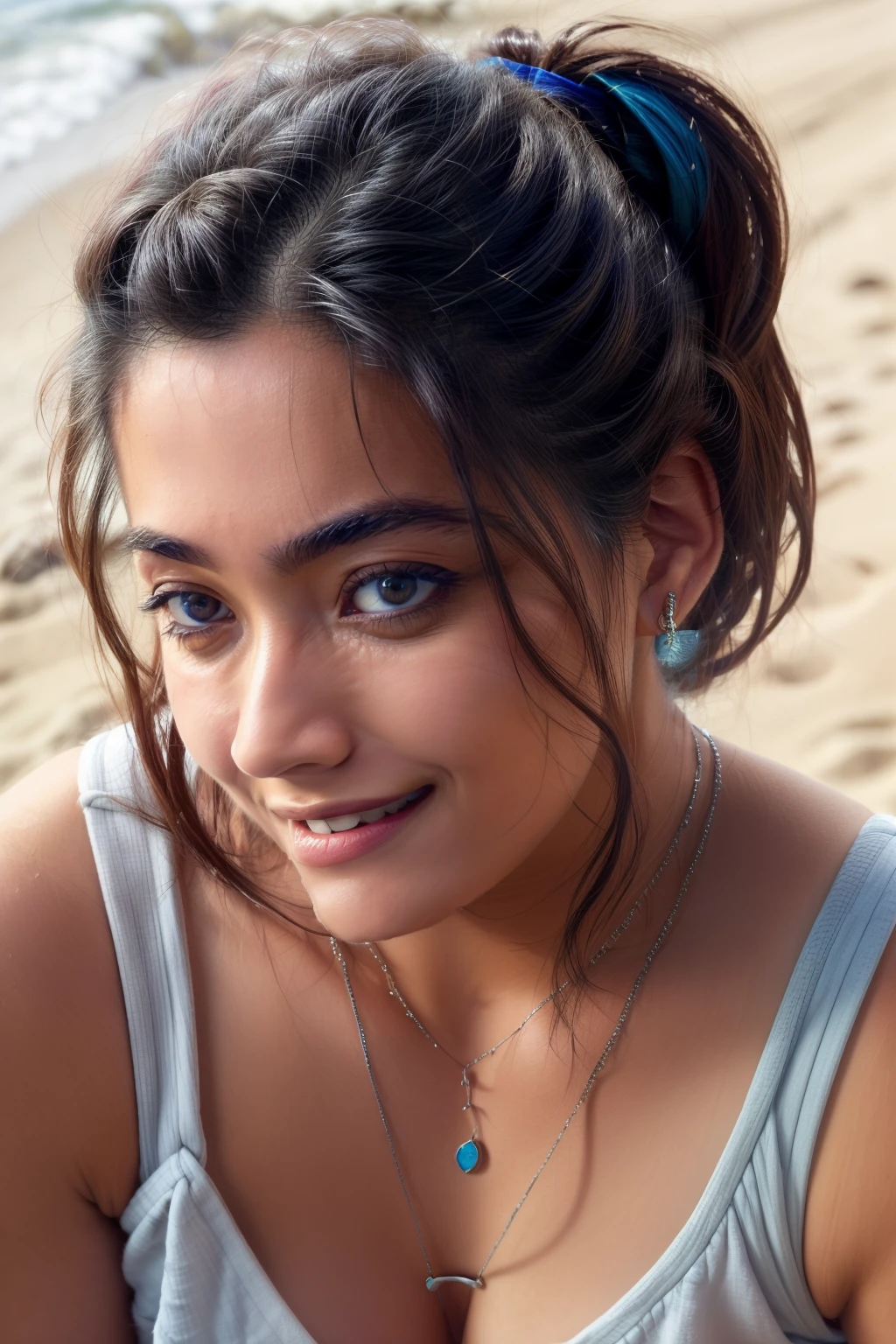 day scene, extreme close up photo of naked latina from top view, chin up, kneeling in a beach, swooping breasts, armpits, (blue eyes:1), ponytail, necklace, 30 yo, look at viewer and smile, (cinematic:1.3), intricate details, (ArtStation:1.2)