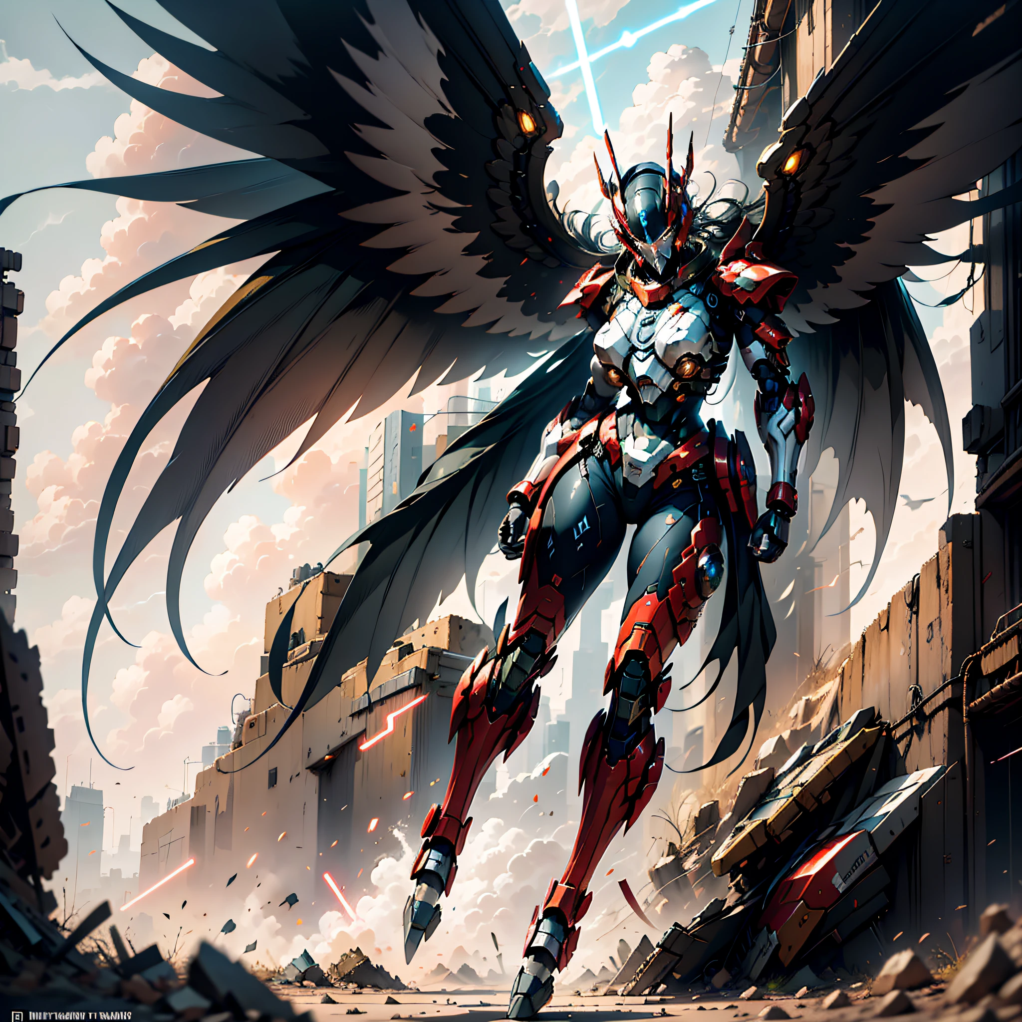tmasterpiece, The best picture quality, Aerial vistas, Clouds fluttering, holding light saber, Dazzle shines, Mechanical Warrior, Huge city, Dizzying red, Dynamic full body armor, with her wings spread wide, magnificent view, Step by step, Heroes in battle