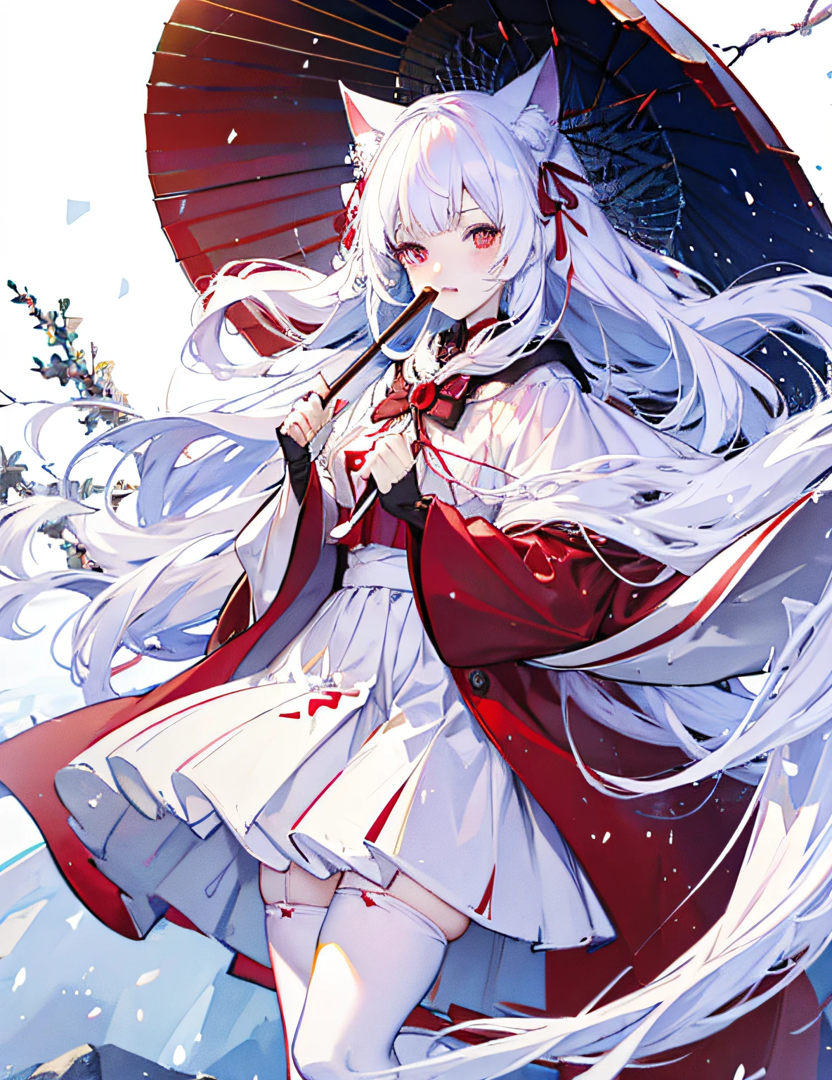 cabelo branco, anime, shoujo, santuário, Orelhas de gato branco, Fantasia de bruxa vermelha, neve, guarda-chuva vermelho, olhos vermelhos, neve, Meias brancas