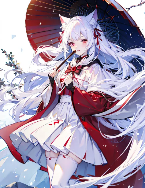 White hair, anime, shoujo, shrine, white cat ears, red witch costume, snow, red umbrella, red eyes, snow, white stockings