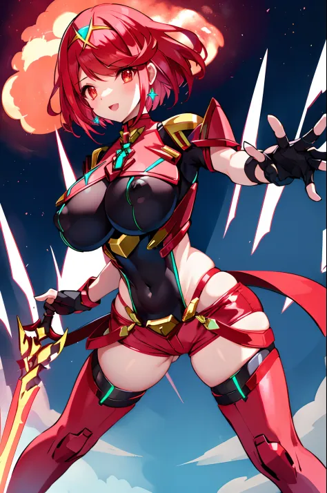 pyra \(xenoblade\), teen_1girl, armor, bangs, black gloves, breasts, red eyes, closed mouth, earrings, eyelashes, fingerless gloves, floating hair, framed breasts, gem, gloves, hair ornament, headpiece, jewelry, big_breasts, leaning back, leotard, neon tri...