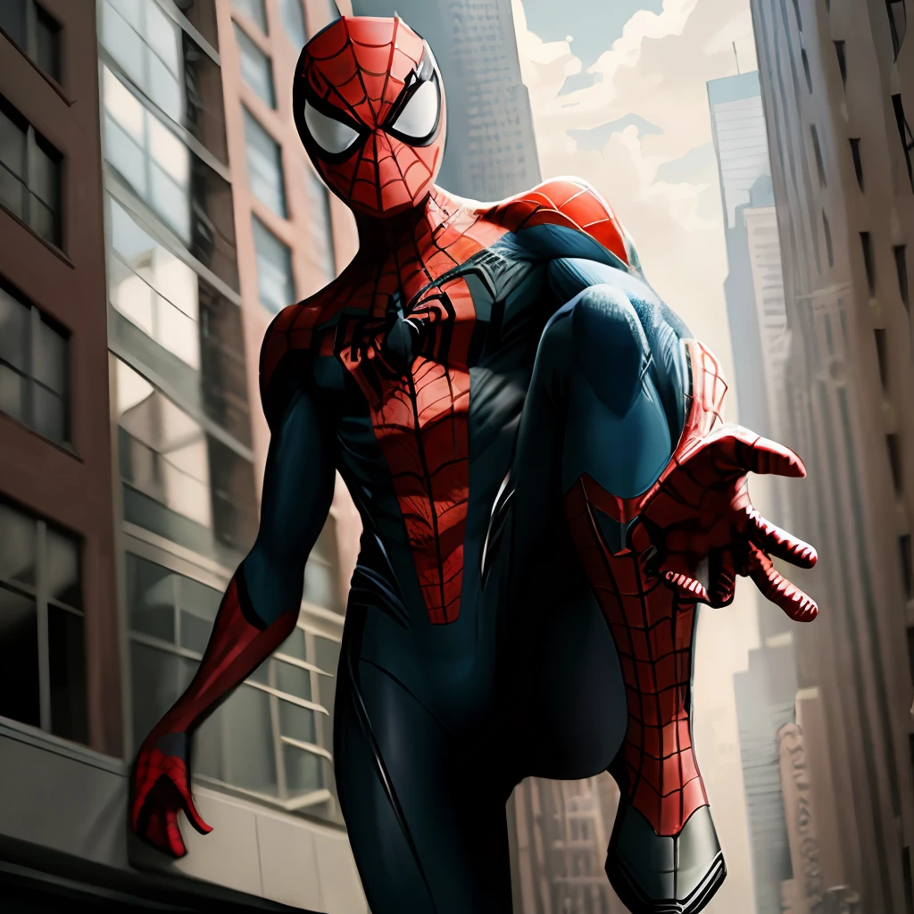 Spider - man in a suit is standing in the middle of a city - SeaArt AI