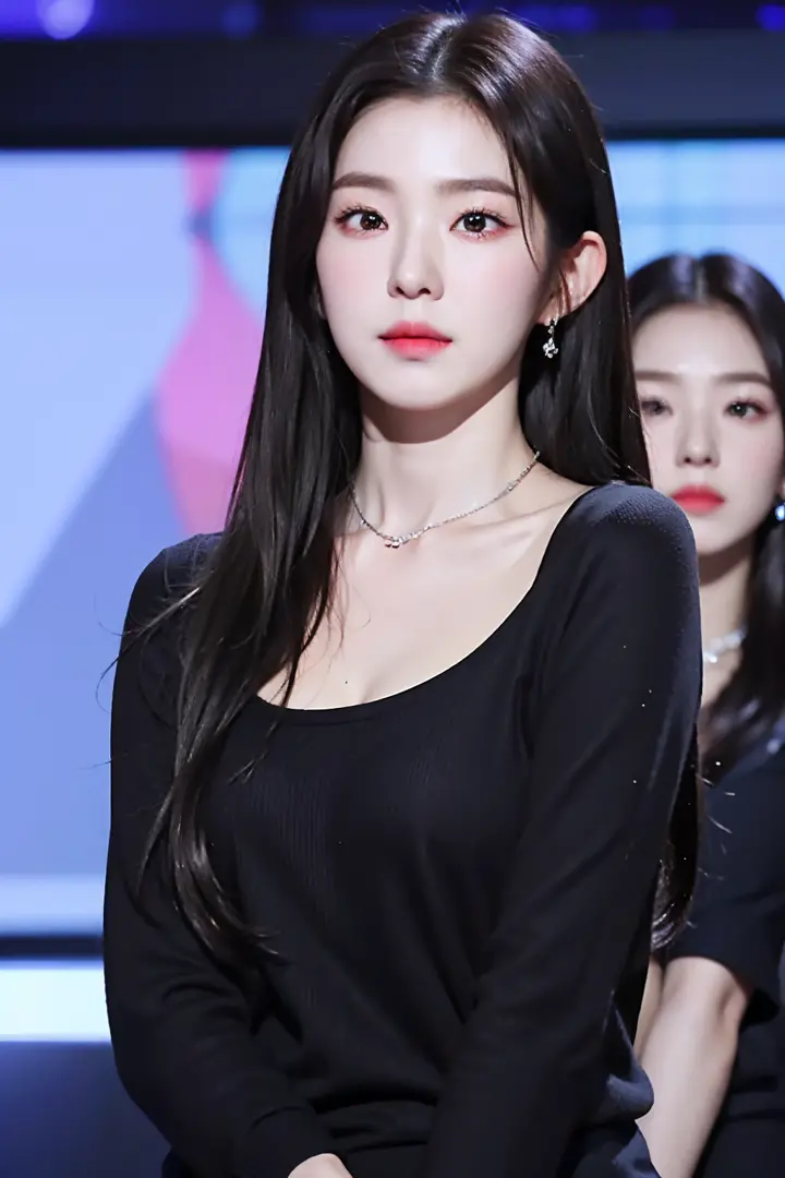 Girl, black hair, black eyes, closed mouth, collarbone, earrings, jewelry, lips, long hair, around tail, looking at the audience