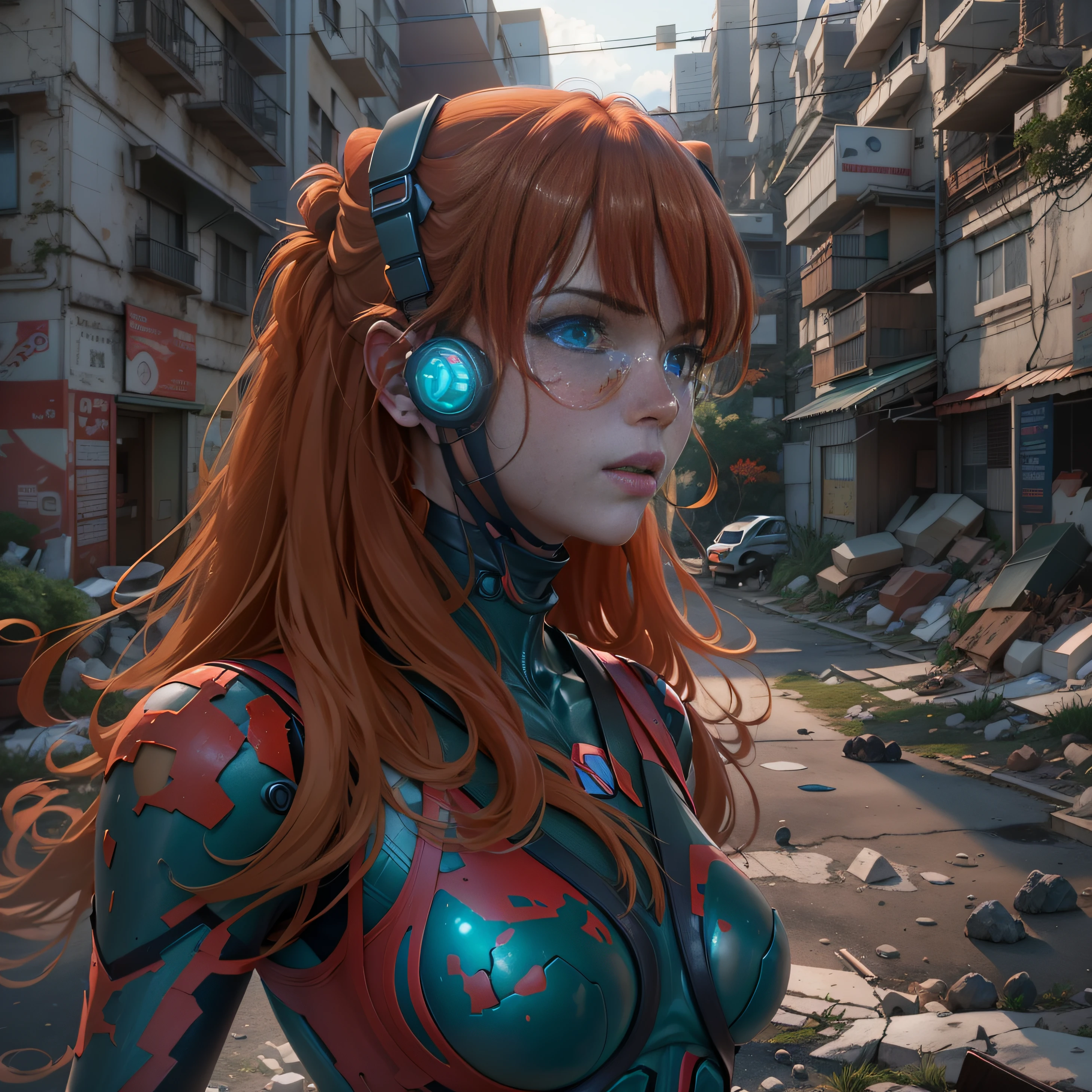 1 girl, Asuka Langley Shikinami, stop in a destroyed city, ((sunset)), red stones, ((blue eyes)), ((freckles on the face)), in transparent plugsuit, ((perfect ass)), ((small ass)), (((DeepVnecklineslipdress))), front view, ray tracing, NVIDIA RTX, super resolution, Unreal 5, Sub-Surface Scatterring, PBR Textures, Post processing, Anisotropic filtering, depth of field, maximum sharpness and sharpness, Multilayer textures, Albedo and specular mapping, surface shading, Accurate simulation of light-material interactions, perfect proportions, Octane representation, duotone lighting, Low ISO, white balance, rule of thirds, wide opening, 8K RAW, high-efficiency subpixels, sub-pixel convolution, glow particles