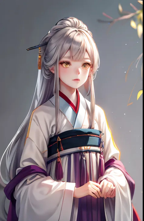 gray-haired girl，Hanfu，longer sleeves，High-quality illustrations，Golden eyes