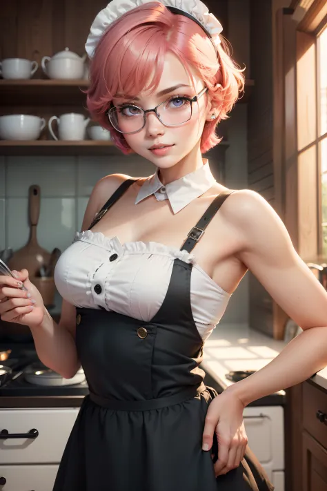 Close-up portrait of a playful maid，Cut your hair short，aprons，amazing body，pronounced feminine features，plumw，kitchens，[Ash Blonde |Ginger |with pink hair]，eye glass，Flirt with the camera