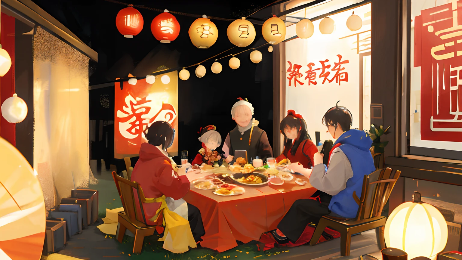 The Lunar New Year's Eve meal is a very important traditional cultural practice in Chinese。The picture needs to highlight Chinese elements，Such as red、Fu Zi、New Year paintings, etc。At the scene of the Lunar New Year's Eve dinner，It can be depicted as the whole family sitting around，Feel the festive spirit and family reunion。Details aspect，Dumplings can be depicted、The fish、Chinese favorite traditional foods such as rice cakes。Dark tones can be used for hues，Such as yellow、Bright colors，Such as red。Through detailed representation and highly enhanced thematic elements，It presents a festive atmosphere、Features of the festival，Such as happiness and peace。A old man，Small children playing alone