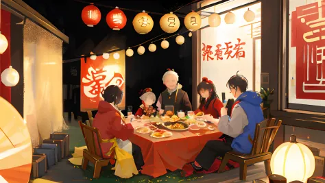 The Lunar New Year's Eve meal is a very important traditional cultural practice in Chinese。The picture needs to highlight Chines...