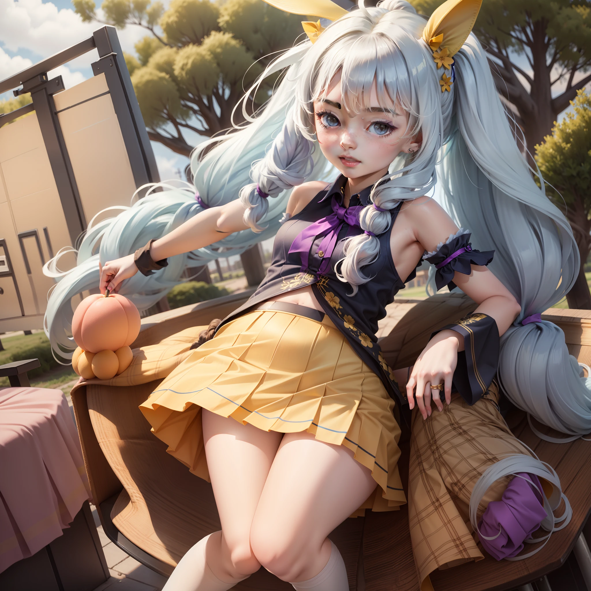 teens girl，bust，Long hair with double ponytail，Yellow-blue gradient，Ancient European skirts，Rabbit ears，Peach tree in background