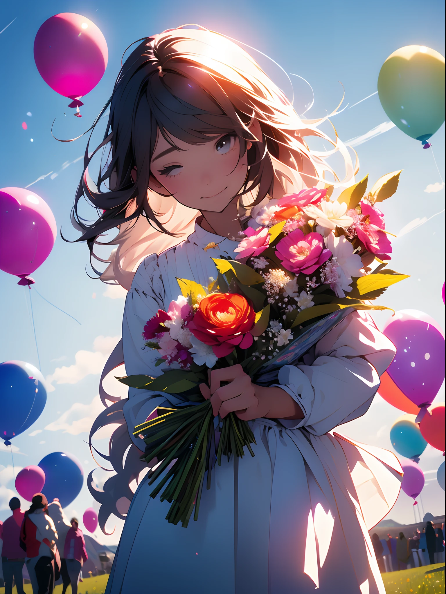 A girl holding flowers, colorful balloons floating in the sky, meadow, dancing, holding flowers, happy, happy, perfect quality, clear focus (clutter-home: 0.8), (masterpiece: 1.2) (Realistic: 1.2) (Bokeh) (Best quality) (Detailed skin: 1.3) (Intricate details) (8K) (Detail Eyes) (Sharp Focus), (Happy)