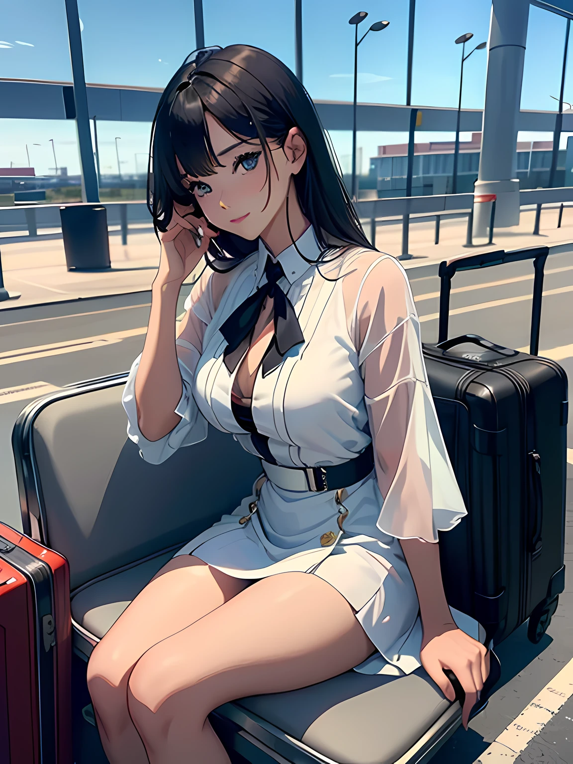 FEMALES，a beauty girl，solo person，（airport），（boot），（terminal），Hair over the shoulder，ssmile，Summer dress，Works of masters，Best image quality，Higher quality，high detal，Ultra-high resolution，8K resolution，exquisite facial features，s the perfect face，Glowing skin，bust