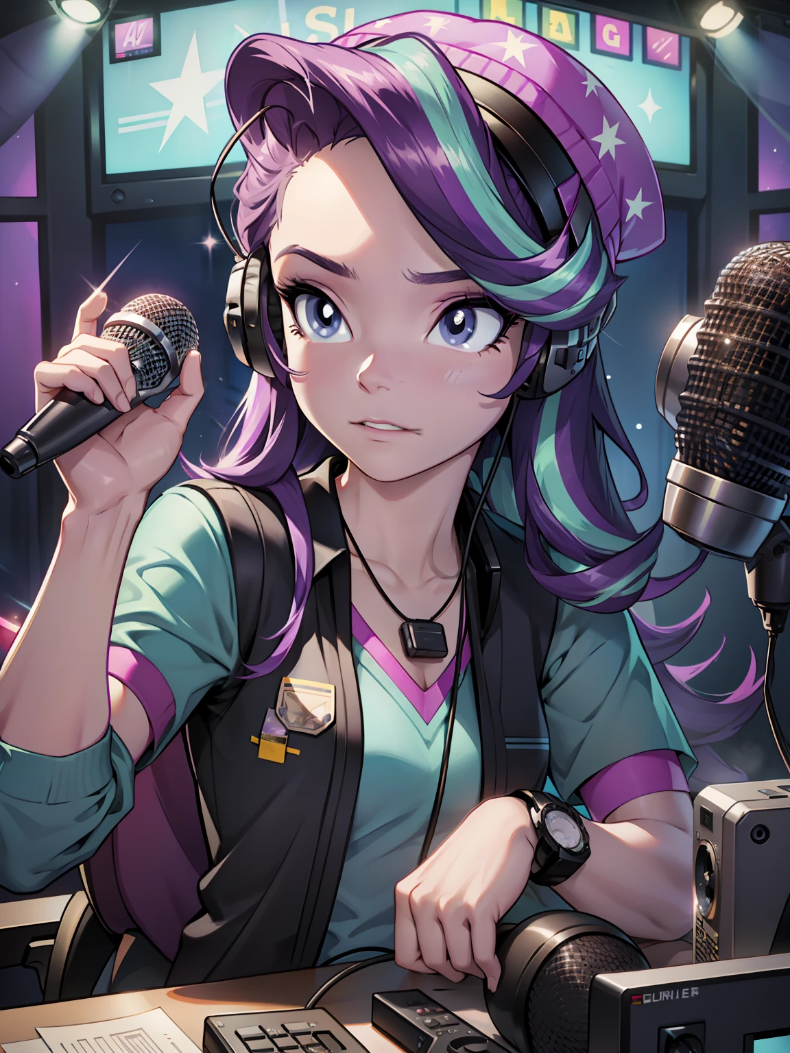 Starlight Glimmer, radio studio, podcasting, equstrial girls, long hair, Luxurious hairstyle, looking at the front, headphone, speaking to a radio studio microphone, no hat, wearing a employee badge, no headphone on the neck, no decoration on clothes