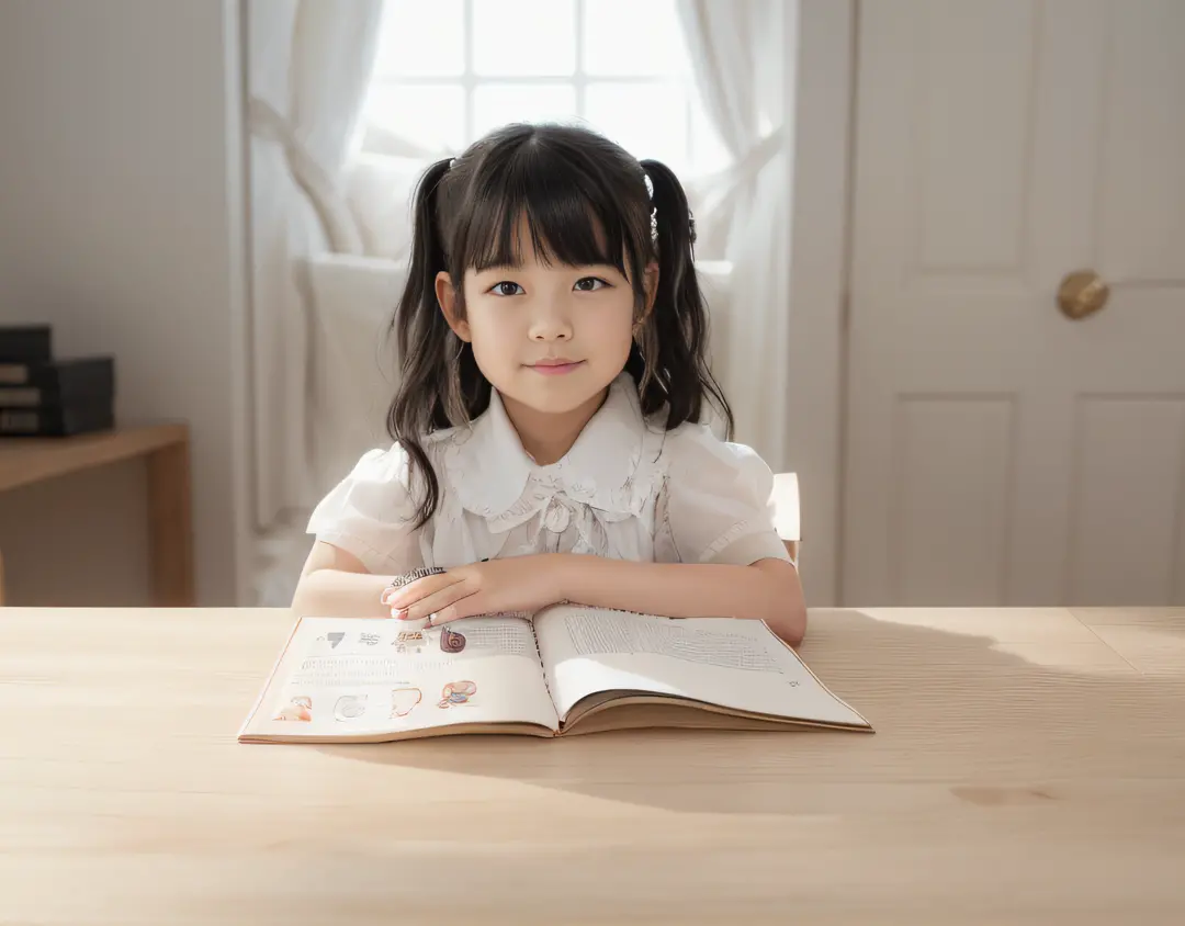 Inside the white study，Little girl reading，Black hair，manga book，Place one hand on the other，An open book，A natural hand，Creamy ...