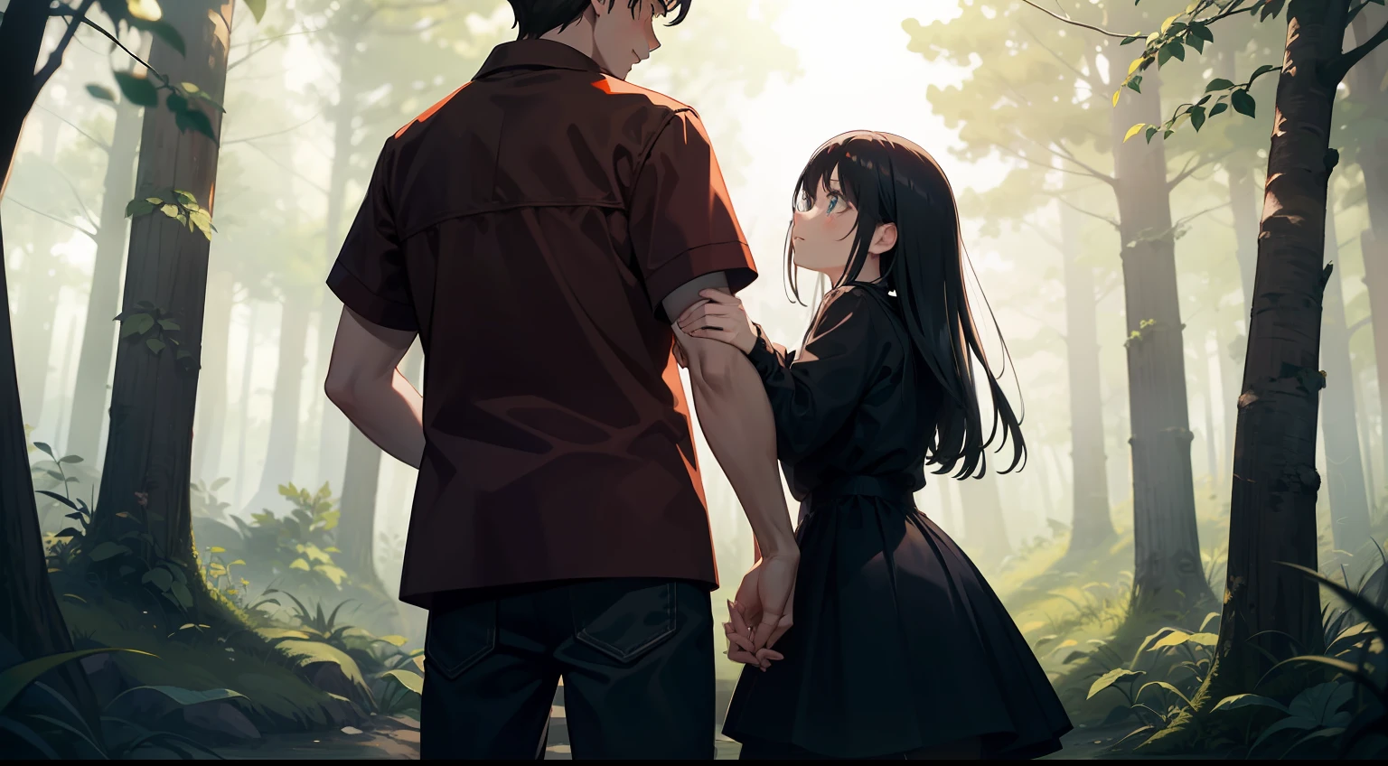 In the shadows of the forest，The girl held the boy's arm tightly