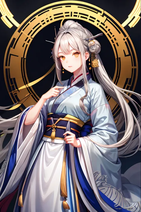 gray-haired girl，Hanfu，longer sleeves，High-quality illustrations，Golden eyes，medium boob